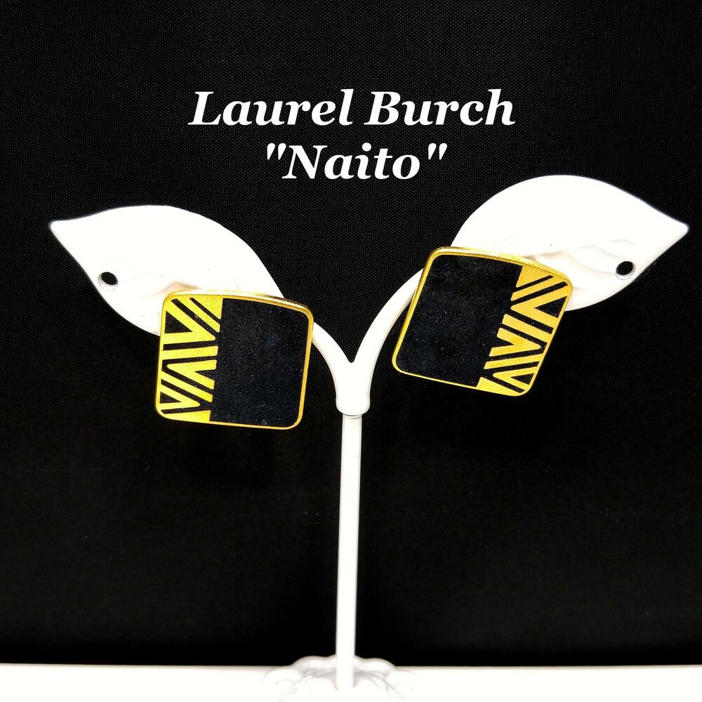 Laurel Burch "Naito" Post Earrings, Black Cloisonné, Gold Plated, 1980s Vintage